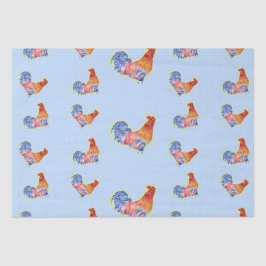 Red Funny Rooster Cockerel Blue und White Spots Seidenpapier (Vorderseite)