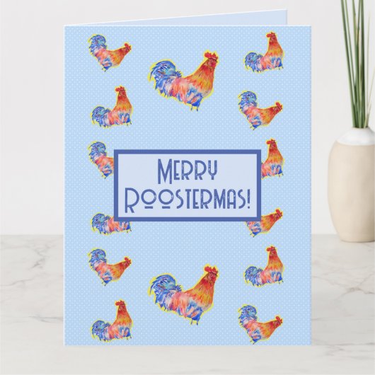 Red Funny Rooster Cockerel Blue Weihnachtskarte Karte (Vorderseite)