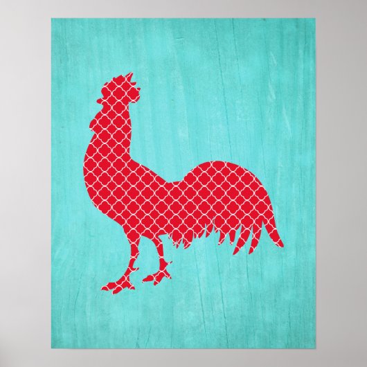 Red Gemustert Rooster Silhouette Poster (Vorne)