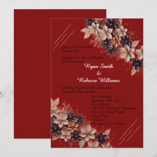 Red Geometric Floral Wedding Invitation Einladung (Vorne/Hinten)