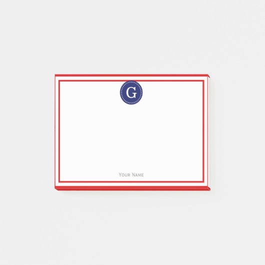 Red Gerahmt Round Navy 1I Monogram Post-it Klebezettel (Vorderseite)