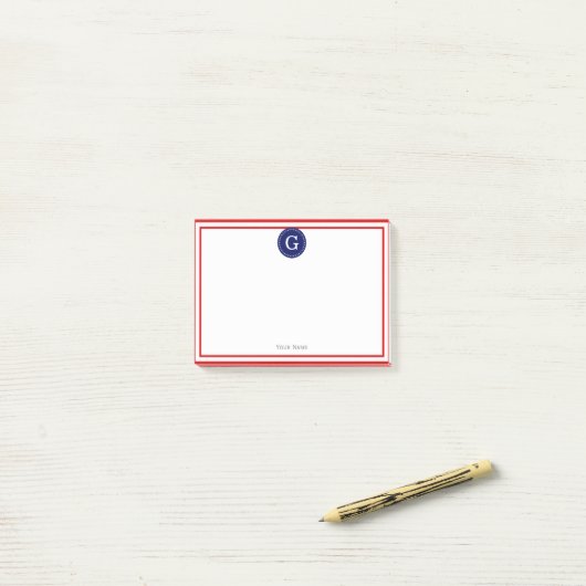 Red Gerahmt Round Navy 1I Monogram Post-it Klebezettel (Auf Schreibtisch)
