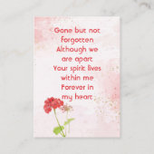 Red Geranium Memorial Pocket Keepsake Visitenkarte (Rückseite)