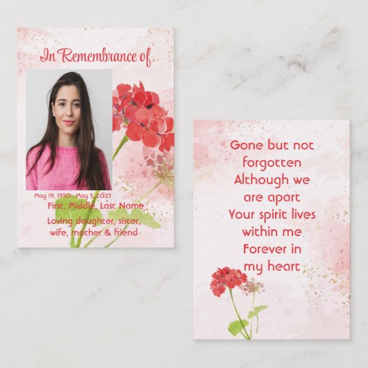 Red Geranium Memorial Pocket Keepsake Visitenkarte (Vorne/Hinten)