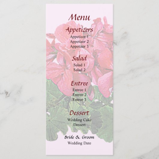 Red Geraniums and Buds Wedding Menu Menükarte (Vorderseite)