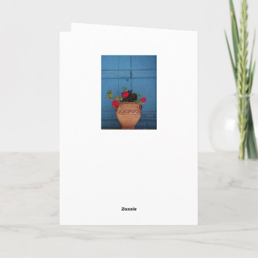 RED GERANIUMS IN TERRACOTTA POT/DENKEN VON IHNEN KARTE (Rückseite)