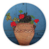 RED GERANIUMS, TERRA COTTA POT, BLAUE TÜR KERAMIKKNAUF (Vorderseite)