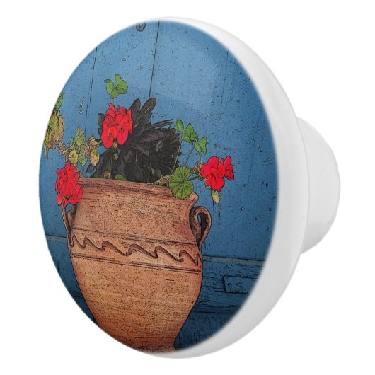 RED GERANIUMS, TERRA COTTA POT, BLAUE TÜR KERAMIKKNAUF (Rechts)