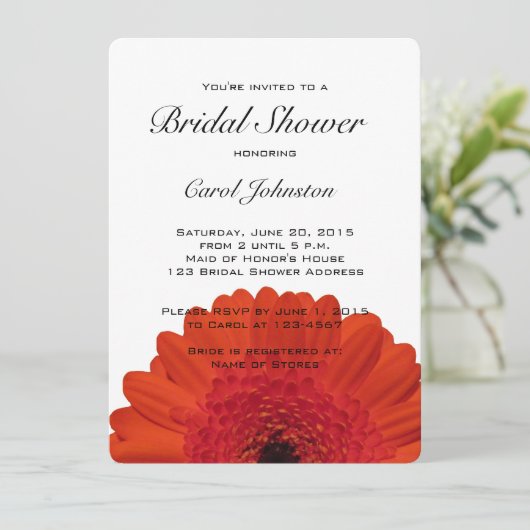 Red Gerber Daisy Bridal Dusche Einladung (Stehend Vorderseite)