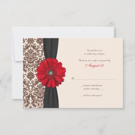 Red Gerber Daisy Damask Antwortkarte RSVP Karte (Vorderseite)