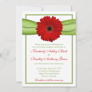 Red Gerber Daisy Green Ribbon Wedding Einladung