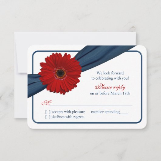Red Gerber Daisy Navy Blue Ribbon Wedding RSVP Karte (Vorderseite)