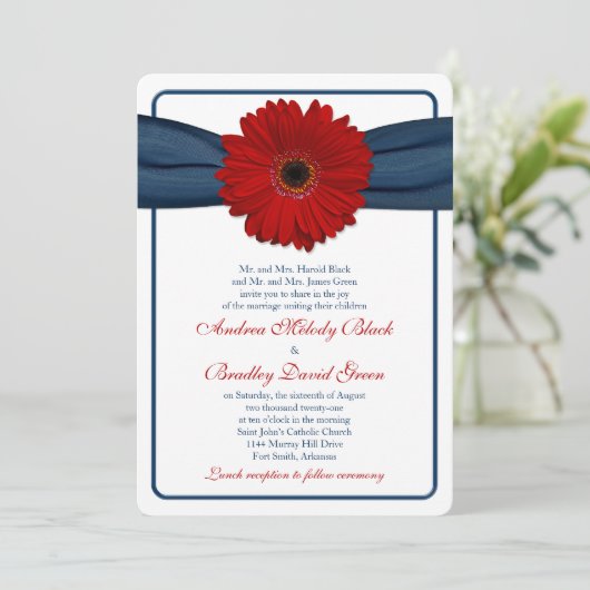 Red Gerber Daisy Navy Ribbon Wedding Einladung (Stehend Vorderseite)