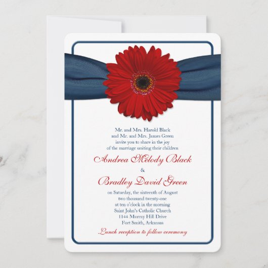 Red Gerber Daisy Navy Ribbon Wedding Einladung (Vorderseite)