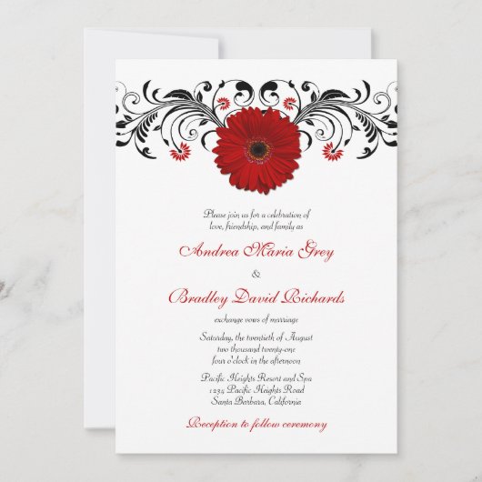 Red Gerbera Daisy Black Floral Wedding Einladung (Vorderseite)