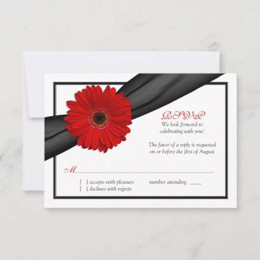 Red Gerbera Daisy Black Ribbon Wedding Repcard RSVP Karte (Vorderseite)