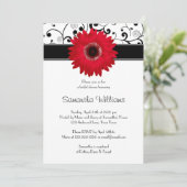 Red Gerbera Daisy Black Scroll Brautparty Einladung (Stehend Vorderseite)