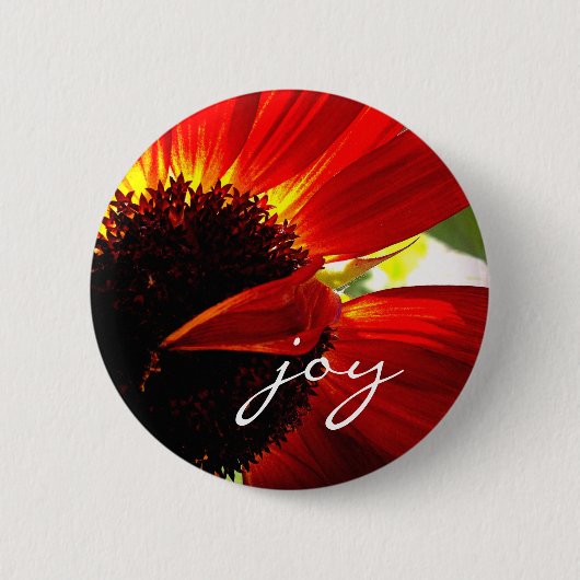 Red Gerbera Daisy Foto Joy Script Bold Modern Button (Vorderseite)