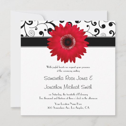 Red Gerbera Daisy mit Black Scroll Design Hochzeit Einladung (Vorderseite)
