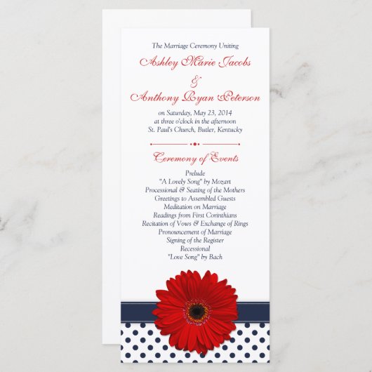 Red Gerbera Daisy Navy Polka Dot Wedding Program Programm (Vorne/Hinten)