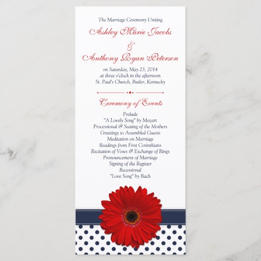 Red Gerbera Daisy Navy Polka Dot Wedding Program Programm (Vorderseite)