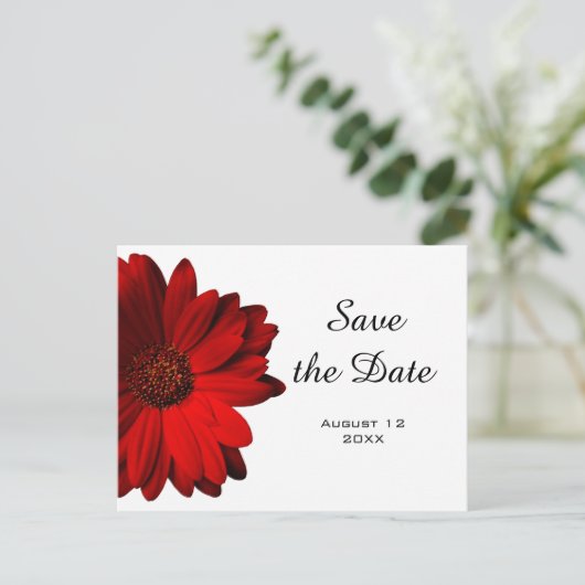 Red Gerbera Daisy Save the Date Postcard Ankündigungspostkarte (Stehend Vorderseite)