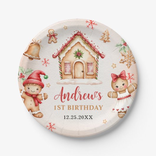 Red Gingerbread House 1st Birthday Party Pappteller (Vorderseite)