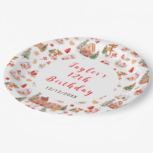 Red Gingerbread House Birthday Party Pappteller (Schrägansicht)