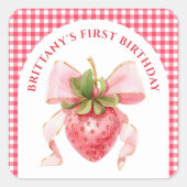 Red Gingham Berry First Birthday Quadratischer Aufkleber (Vorderseite)