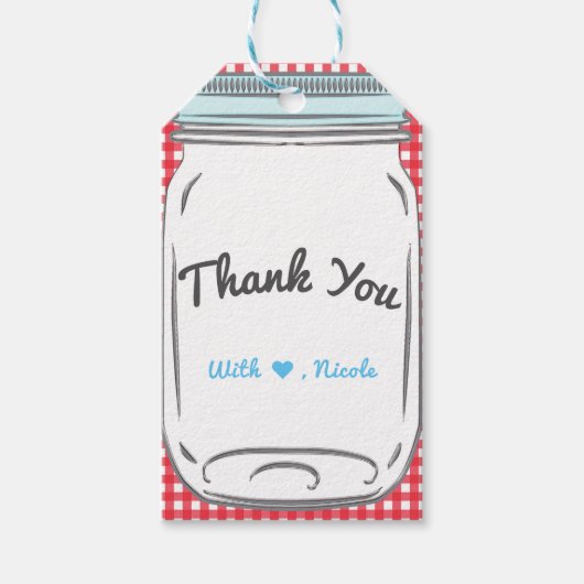 Red Gingham & Blue Mason Jar Rustic Country Gefall Geschenkanhänger (Vorderseite)