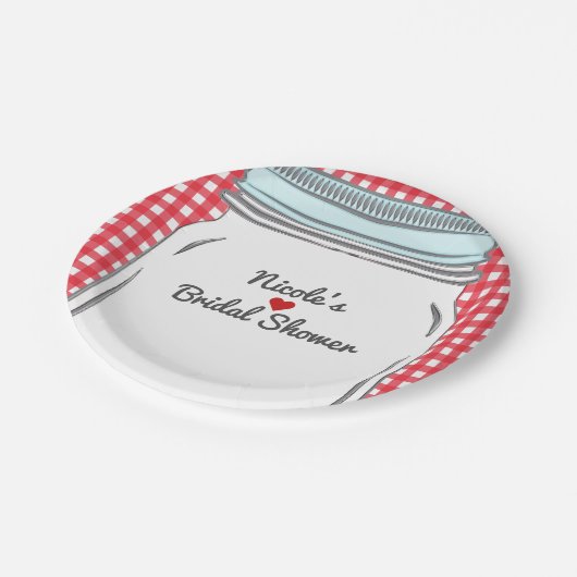 Red Gingham & Blue Mason Jar Rustic Country Party Pappteller (Schrägansicht)