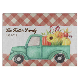 Red Gingham Blue Truck Country Pumpkin Familiennam Schneidebrett