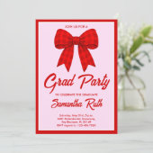 Red Gingham Bow Graduation Party Einladung (Stehend Vorderseite)