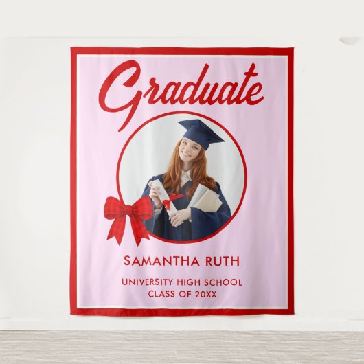 Red Gingham Bow Photo Graduation Backdrop Wandteppich (Vorderseite)