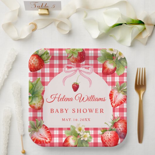 Red Gingham Bow Strawberry Baby Shower Paper Plate Pappteller (Hochzeit)