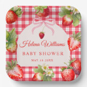 Red Gingham Bow Strawberry Baby Shower Paper Plate Pappteller (Vorderseite)
