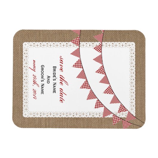 Red Gingham Bunting Burlap wurde Save the Date Ins Magnet (Horizontal)