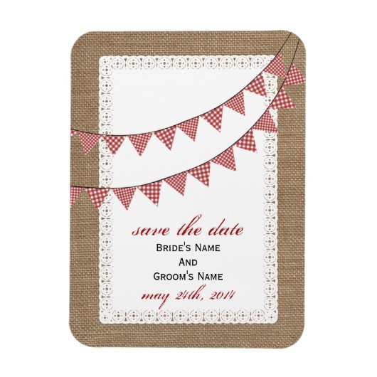 Red Gingham Bunting Burlap wurde Save the Date Ins Magnet (Vertikal)