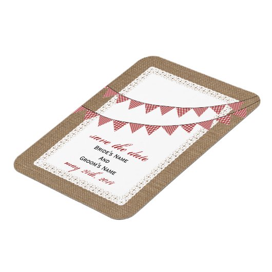 Red Gingham Bunting Burlap wurde Save the Date Ins Magnet (Linke Seite)