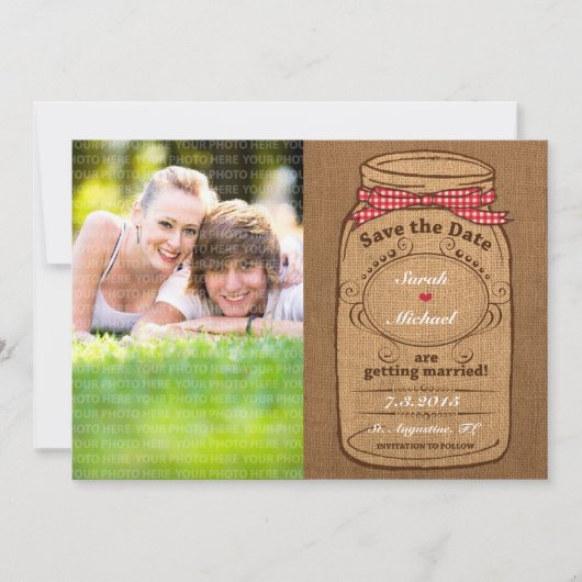 Red Gingham & Burlap Mason Jar Foto Save the Date (Vorderseite)