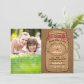 Red Gingham & Burlap Mason Jar Foto Save the Date (Stehend Vorderseite)