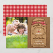 Red Gingham & Burlap Mason Jar Foto Save the Date (Vorne/Hinten)