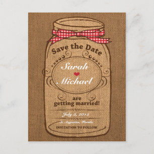 Red Gingham & Burlap Mason Jar Save the Date Ankündigungspostkarte