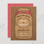 Red Gingham & Burlap Mason Jar Save the Date Ankündigungspostkarte (Vorne/Hinten)