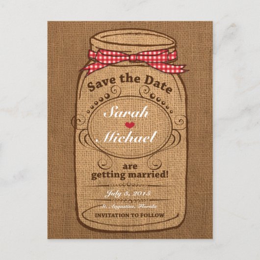 Red Gingham & Burlap Mason Jar Save the Date Ankündigungspostkarte (Vorderseite)
