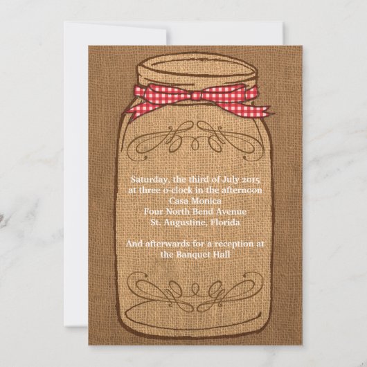 Red Gingham & Burlap Mason Jar Wedding Einladung (Rückseite)
