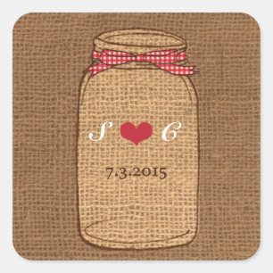 Red Gingham & Burlap Mason Jar Wedding Quadratischer Aufkleber