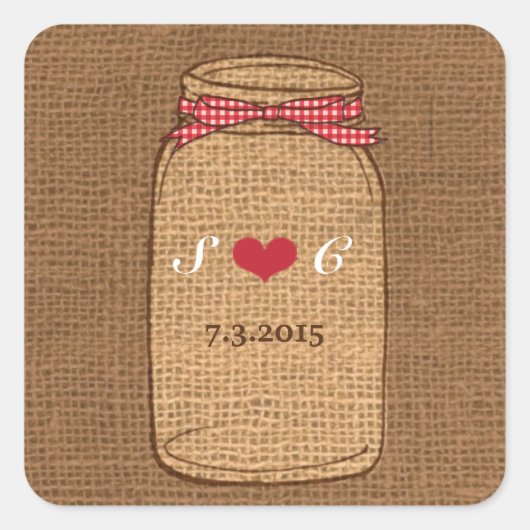Red Gingham & Burlap Mason Jar Wedding Quadratischer Aufkleber (Vorderseite)