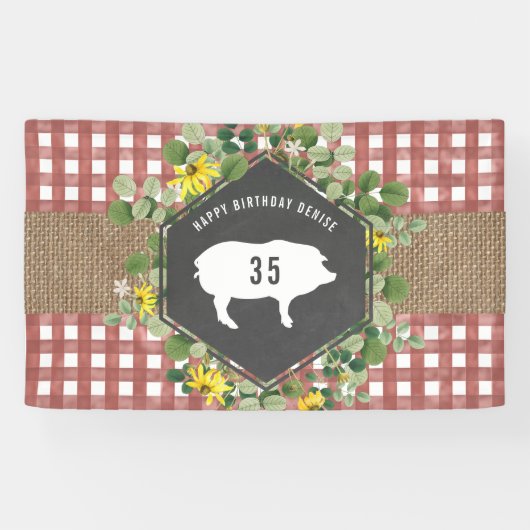 Red Gingham Burlap Pig Floral Birthday Grillen Banner (Horizontal)