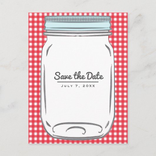 Red Gingham Checked Rustic Country Save the Date Ankündigungspostkarte (Vorderseite)